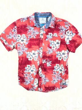 MBX Mens L Hawaiian Shirt Red Floral Tropical Aloha Button Up Cotton Casual